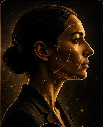 Estrutura facial em perfil, com pontos de leitura demarcados.